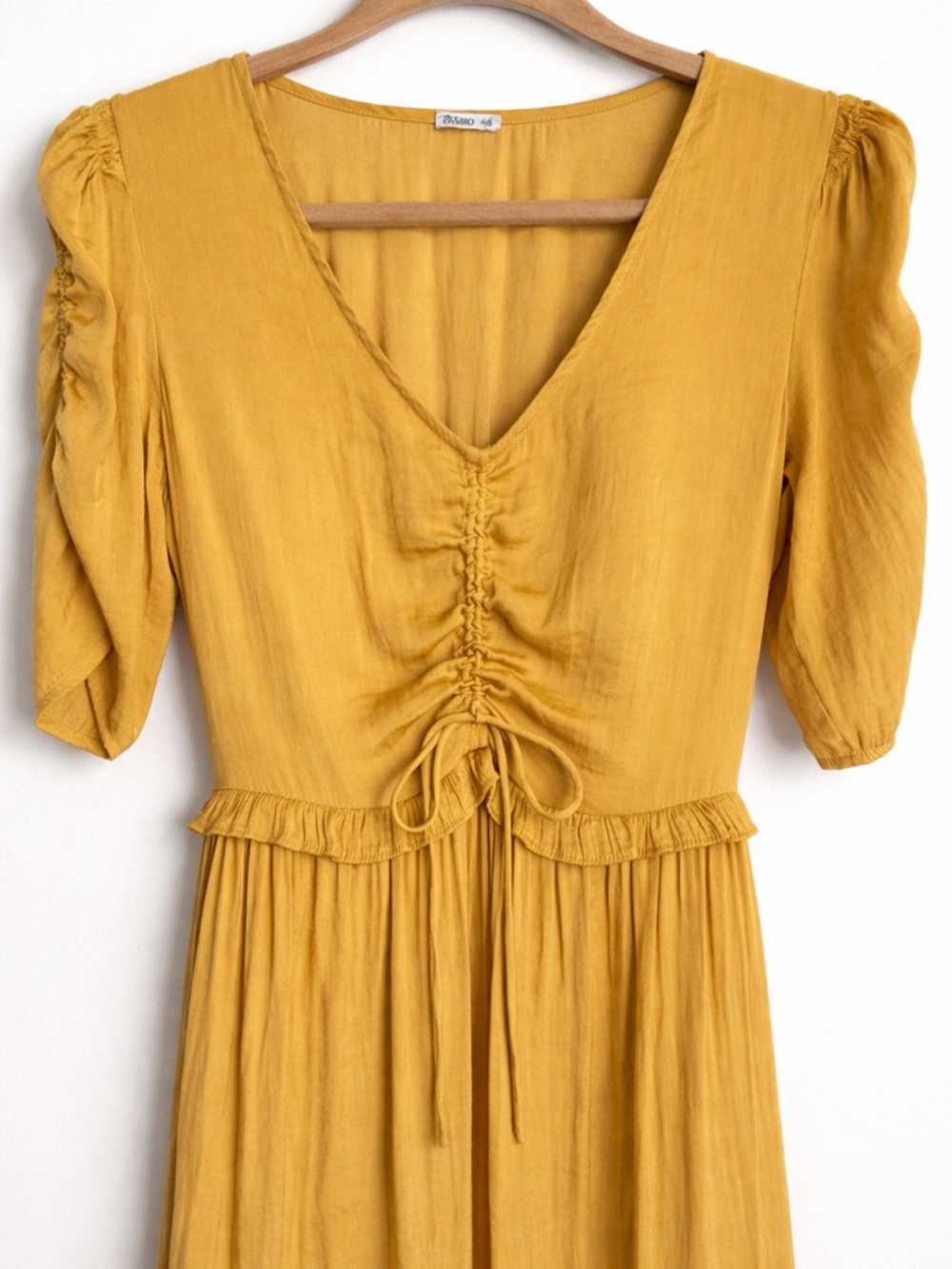 Oysho Yellow Maxi Dress Ruched Front Boho Cottagecore Romantic Peasant SZ Small